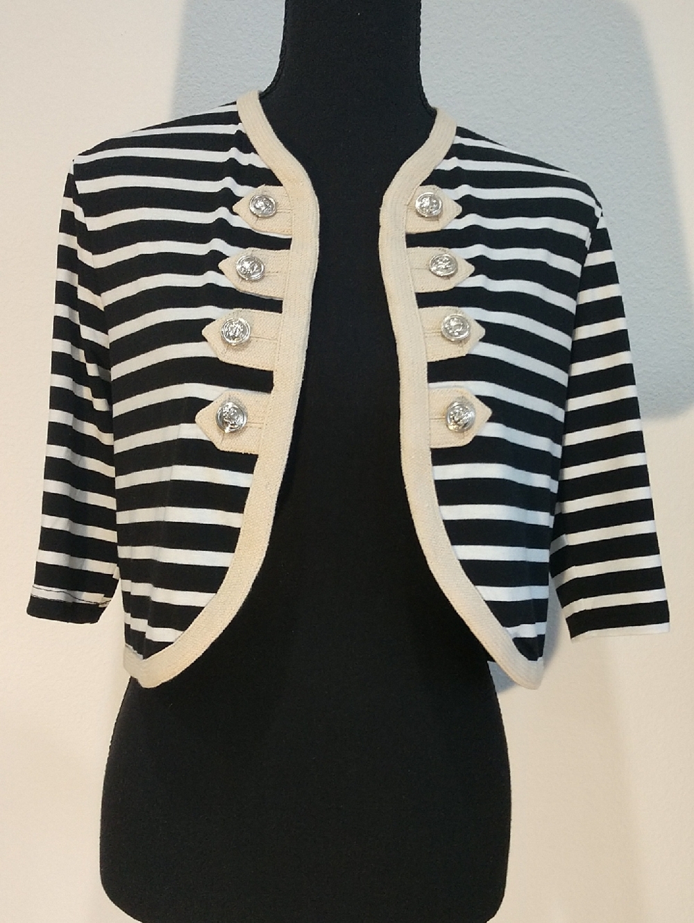 Striped Black & Cream Cropped Naval Cardigan